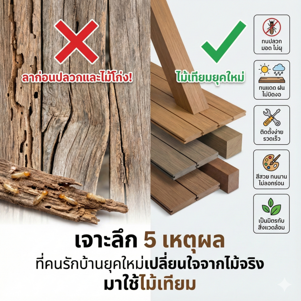 ลาก่อนปลวกและไม้โก่ง! เจาะลึก 5 เหตุผลที่คนรักบ้านยุคใหม่เปลี่ยนใจจากไม้จริง มาใช้ไม้เทียม